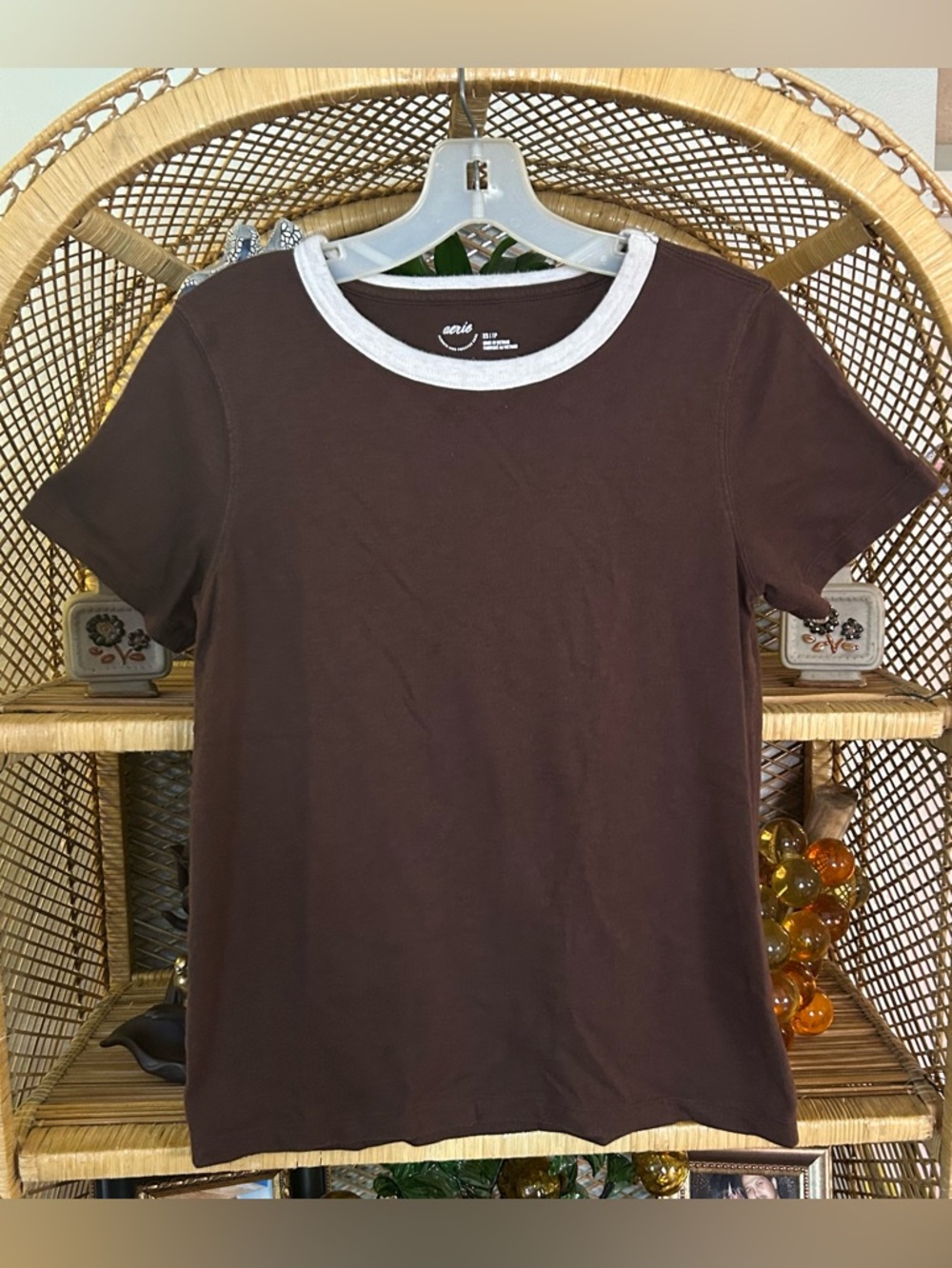 aerie Brown Ringer Short-Sleeve Tee with Cream Collar